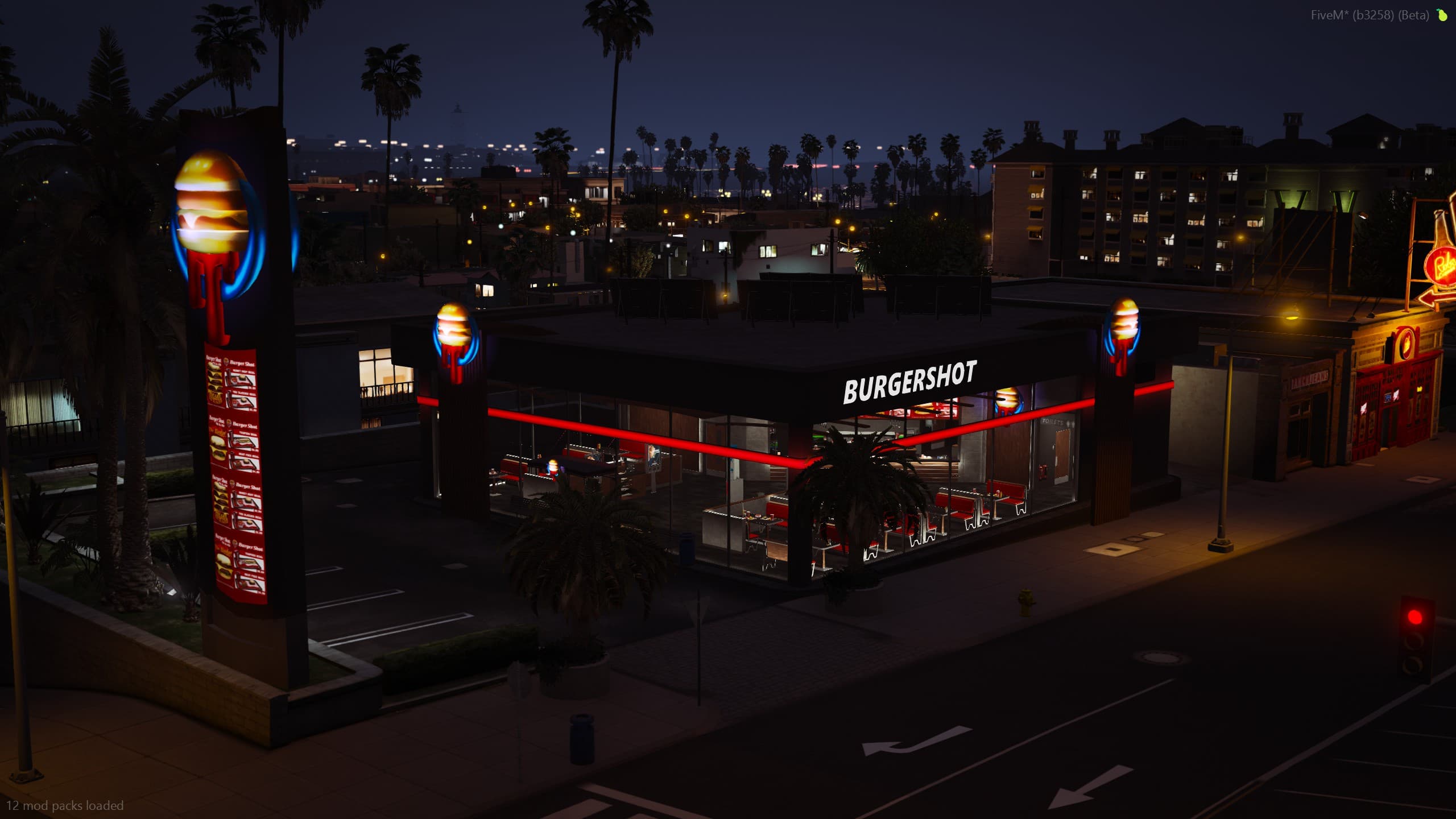 Burgershot storefront at night in game