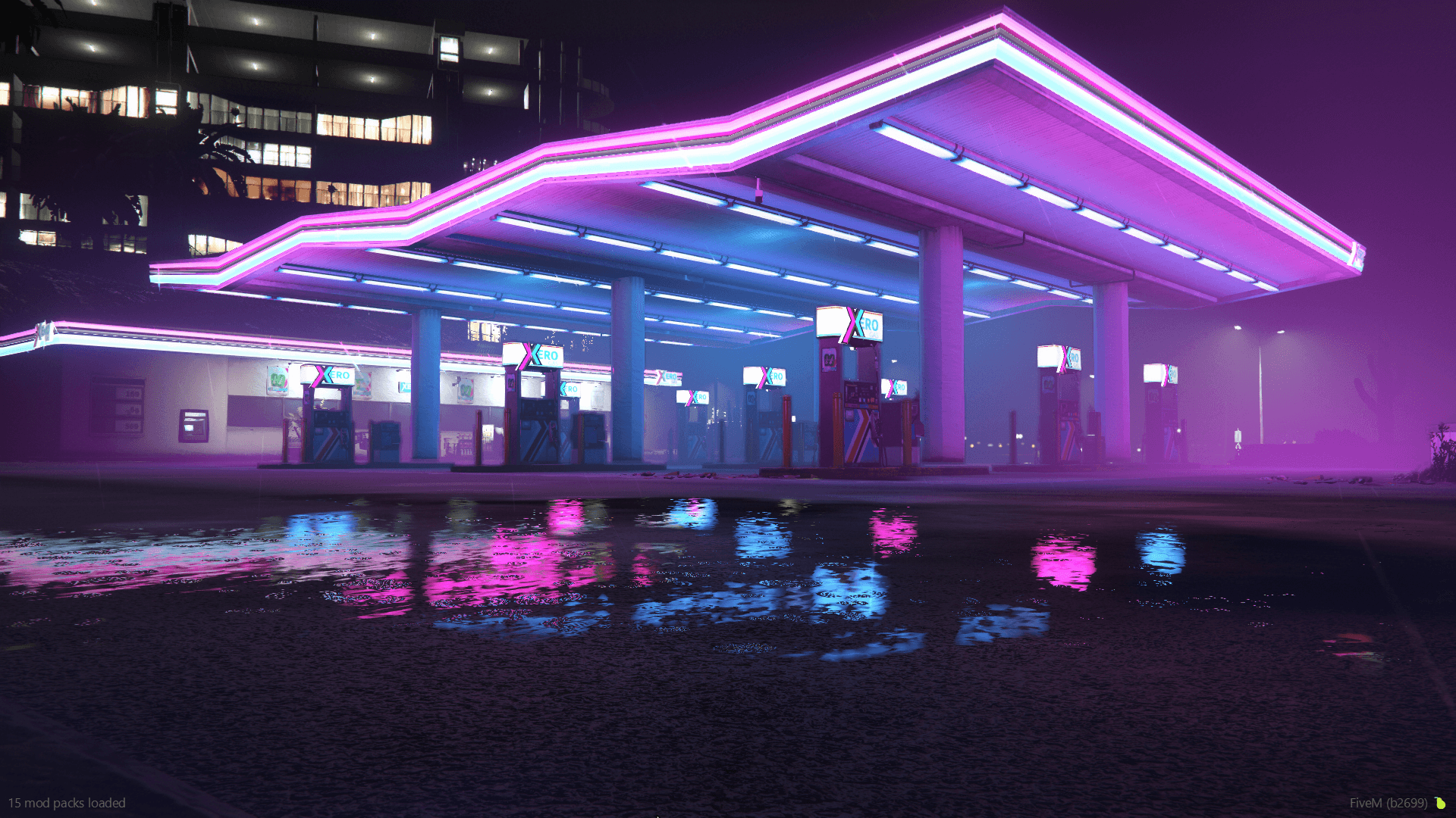 A neon-lit gas station at night in Oahu Roleplay