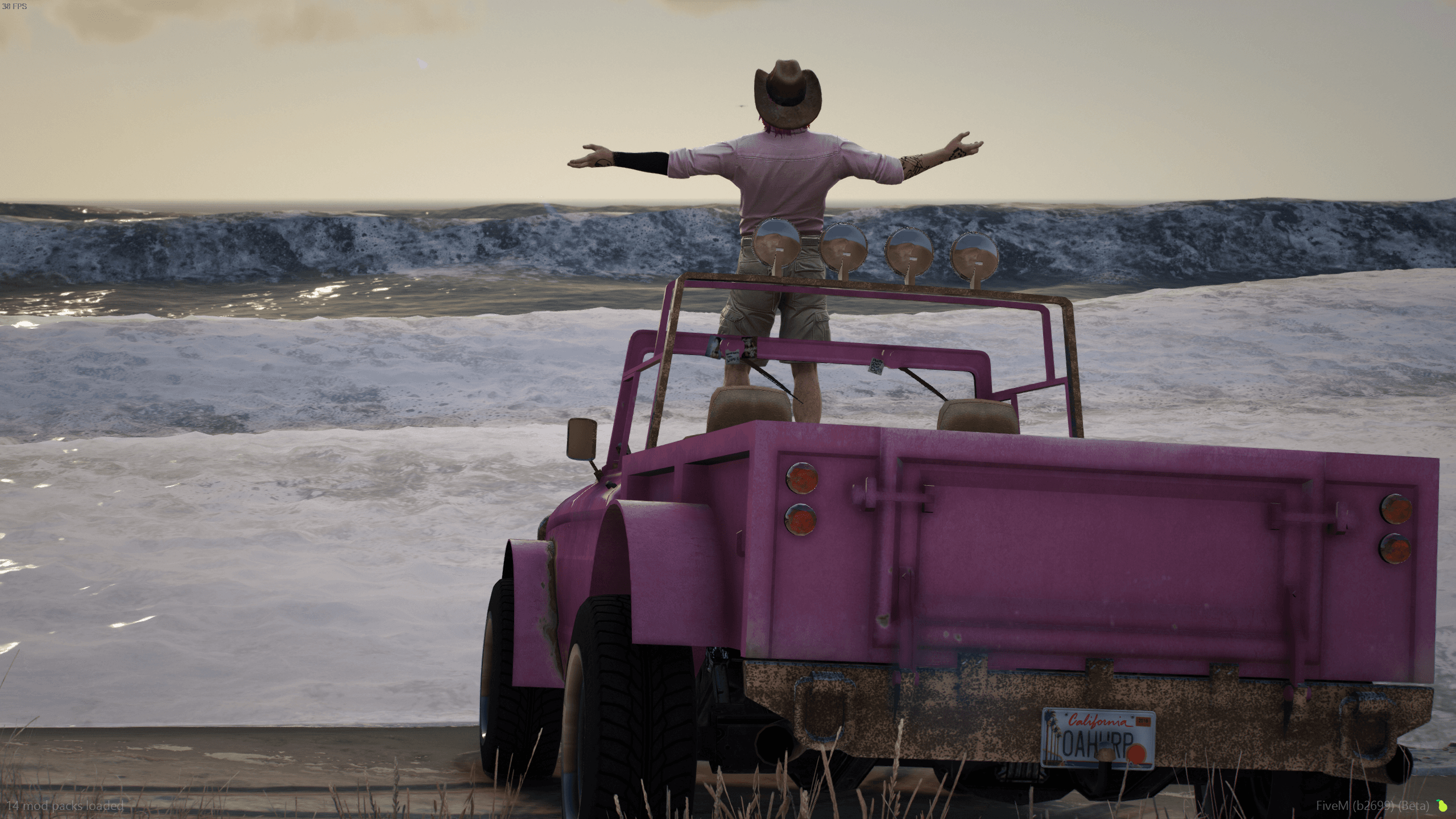 Characters gathered around a car in Oahu Roleplay